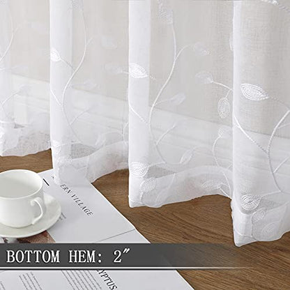 Tollpiz Leaves Sheer Tier Curtain White Leaf Embroidery Kitchen Half Curtains Rod Pocket Voile Faux Linen Embroidered Leaves Curtain for Bathroom, 30 x 36 inches Long, Set of 2 Panels - color: White, size: 30"W x 36"L (Pack of 2)