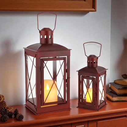 TRIROCKS Set of 2 Decorative Candle Lantern 14/10'' High (Antique Red) - color: Antique Red