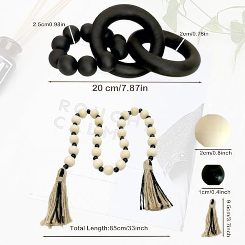 2 pcs Decorative Wood Knot Link Chain and Bead Decor, Black Wooden Knot Decor for Coffee Table Farmhouse Decortive for Home Boho Modern Shelf Decortion(Black) - color: Black
