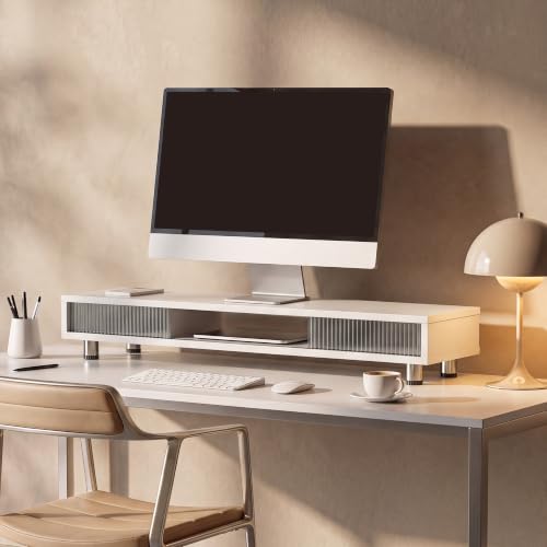 Fenge Dual Monitor Stand with Storage, Desk Shelf with Glass Sliding Door - color: White