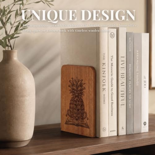 INNObeta Decorative Wooden Book Ends, Plant Bookends, Heavy Duty Bookends for Shelves Unique Design(1 Pair, 4.72x6.69 Inches) - PineappleShelf - color: Pineappleshelf