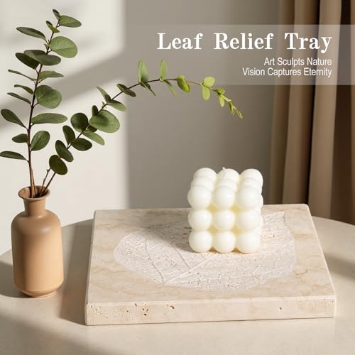 Natural Travertine Leaf Embossed Tray, 7.8inch Square Decorative Trays - color: Beige Travertine
