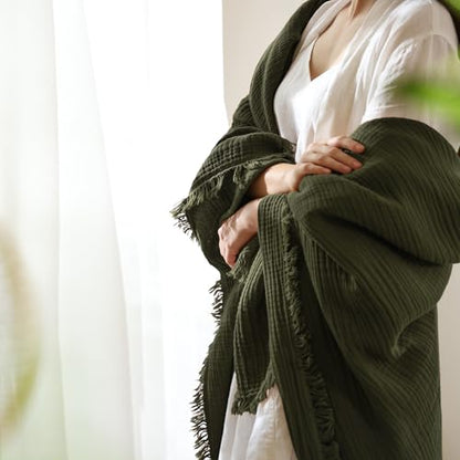 MooMee 100% Cotton Muslin Blanket, Fringed 4-Layer Gauze Bed Couch Throw - color: Olive Green, size: Throw