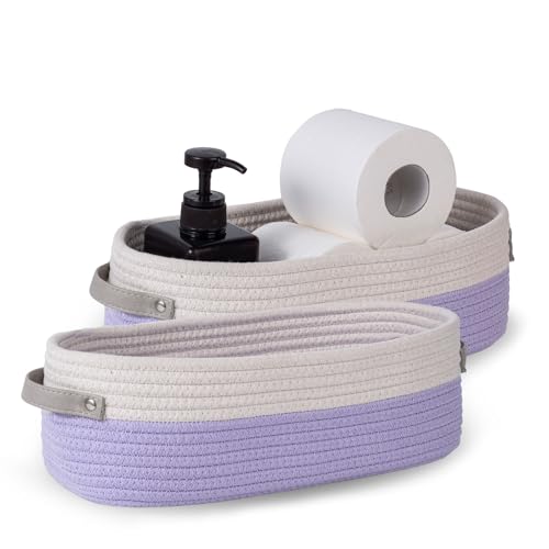 2 Pack Small Cotton Rope Woven Basket Toilet Paper Baskets for Organizing Decorative Baskets for Boho Decor Small Storage Basket 13"x5.9"x4" Purple - color: 2 pack Purple