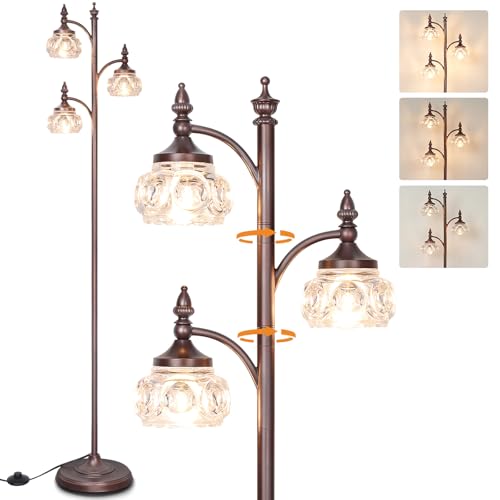 JUNNAI Brown Glass Floor Lamps for Living Room 66.5'' Standing Lamp with 3 Brightness Lights Vintage Mid Century Modern Pole Bronze Tree Lamp for Bedroom Office(3LED Bulbs Included) - color: Brown