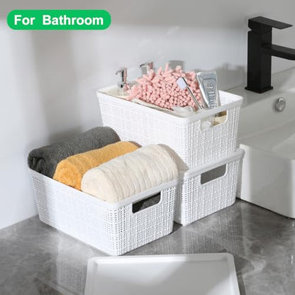 6 Pack Plastic Storage Baskets with Lid,White Stackable Bins - color: White
