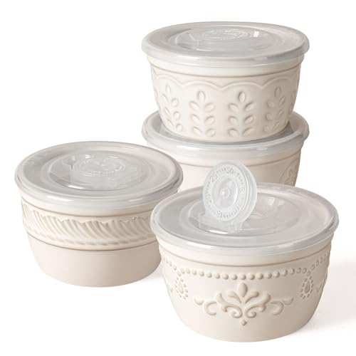 Artena Ramekins with Lids, Creme Brulee Ramekins Oven Safe, Ceramic Pudding Cups, Souffle Cups, Custard Cups, Dipping Sauce Cups, Food Storage Containers with Lids, Set of 4 (4 oz, Multiple Patterns) - size: 3.5 inch (Multiple Patterns, White)