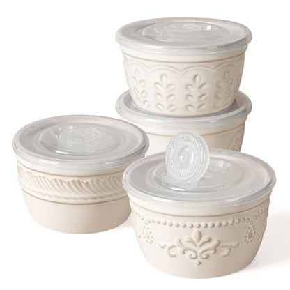 Artena Ramekins with Lids, Creme Brulee Ramekins Oven Safe, Ceramic Pudding Cups, Souffle Cups, Custard Cups, Dipping Sauce Cups, Food Storage Containers with Lids, Set of 4 (4 oz, Multiple Patterns) - size: 3.5 inch (Multiple Patterns, White)