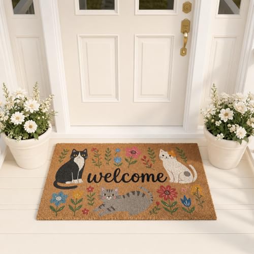 Welcome Coir Door Mat Outside and Indoor Entrance, Outdoor Mat for Front Door, Welcome Home Decorations, Colorful Outdoor Coir Doormat Porch Patio - Cats Design, Small 16x24 Inch - color: Cats Design, size: 1'4" x 2' (Rectangular)
