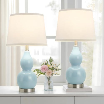 GyroVu 22" Table Lamp Set of 2, Color Temperature Adjustable Double Gourd Ceramic Lamps Classic Nightstand Table Lamps for Bedroom Beside Lamps for Living Room, Sky Blue-Bulbs Included - color: 22.63" Blue Gourd
