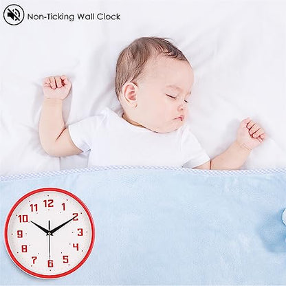 Topkey Silent Round Wall Clock Kitchen 9 Inch Modern Style Non-Ticking Decorative Bedroom Office Study Room Kitchen Wall Clock-Red - color: Red