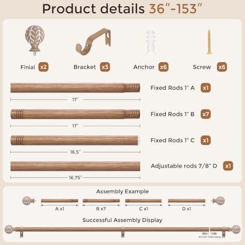 Curtain Rod 36-153 Inch, Boho Wood 1 Inch Curtain Rods for Windows - color: White Wood, size: 36''-153'' (1 Pack)