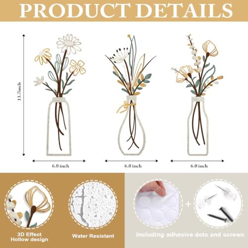 Pigort 3 Pieces Metal Flowers Wall Art- Rustic Farmhouse Decor Minimalist Decor for Living Room Bathroom Bedroom Dining Room, Housewarming Gifts Christmas Decoration(Beige, Vase-C) - color: Beige Gold