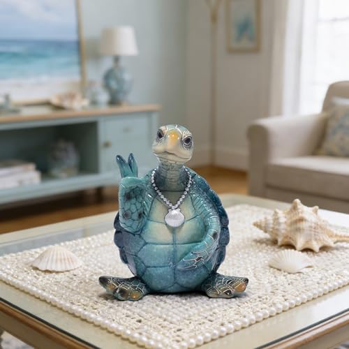 Hodao Summer Sea Turtle Figurine, Peace Sign Ocean Turtle Coastal Decor - color: Blue-2
