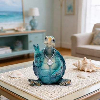 Hodao Summer Sea Turtle Figurine, Peace Sign Ocean Turtle Coastal Decor - color: Blue-2