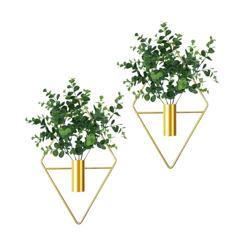 2 Pieces Diamond Shape Hanging Planters with Artificial Eucalyptus Plants Metal Vase Indoor Holder Modern Geometric Wall Decor for Home Living Room (Gold)