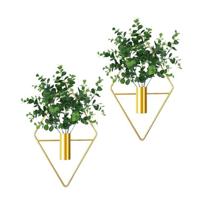 2 Pieces Diamond Shape Hanging Planters with Artificial Eucalyptus Plants Metal Vase Indoor Holder Modern Geometric Wall Decor for Home Living Room (Gold)