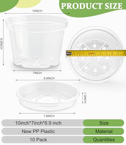 10 Pack 10 Inch Clear Nursery Pots with Saucers, Transparent Sturdy Plastic Plant Pots, Large Gardening Pots with Drainage Hole, Planting Starter Pot for Indoor Outdoor Flowers Herbs Vegetables - color: Clear, size: 10 Inch 10 Pack