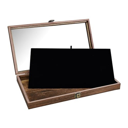 MOOCA Wood Jewelry Display Case with Tempered Glass Top, Black Velvet Pad - color: 1) Brown