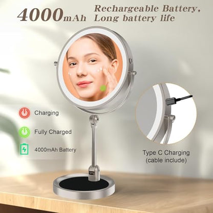 Rocollos Tabletop Makeup Mirror with Built-in Vanity Tray, 9" Rechargeable 4000mAh Lighted Vanity Mirror 1X/10X Magnification, Height-Adjustable Arm, 3 Color Dimmable (9Inch Nickel) - color: 9inch Nickel