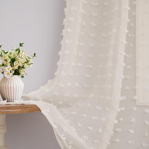 Beige Sheer Curtains 84 Inches Long for Bedroom Living Dining Room Cute Boho Pom Pom Window Curtain Warm Earth Tone Neutral Country Rustic Farmhouse Drapes Shabby Chic 2 Panels 84 Inch Length Back Tab - color: Beige, size: 52"W x 84"L (Pack of 2)