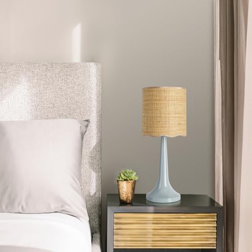 Light Blue Rattan Small Table Lamp for Bedroom, Light Blue Wicker Lamps for Bedside Nightstand, Rattan Shade Small Table Shape Lamps for Small Spaces for Kitchen Counter, Home Office, Living Room