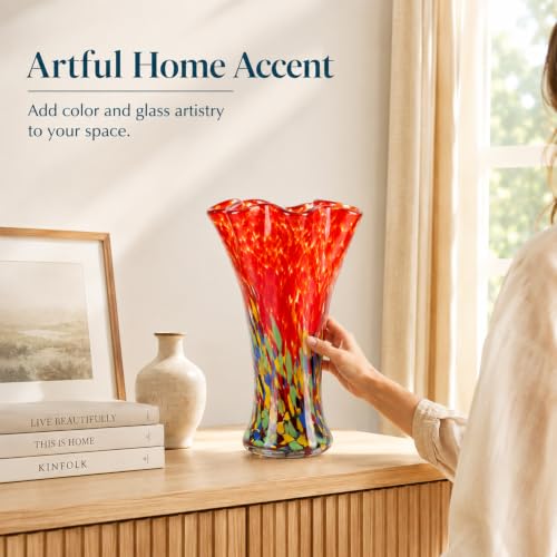LCCCK 9.0" H Red Glass Vases for Flower, Unique Hand Blown Glass Vase - color: Red Green