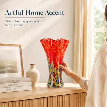 LCCCK 9.0" H Red Glass Vases for Flower, Unique Hand Blown Glass Vase - color: Red Green