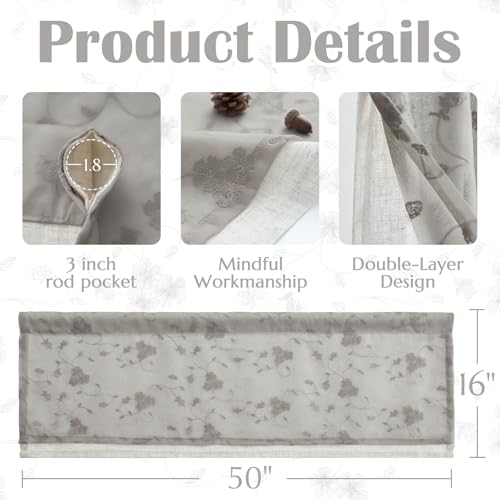 jinchan Sheer Valance for Window Grey Floral Embroidered 18 Inch 1 Panel - color: Floral | Grey