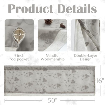 jinchan Sheer Valance for Window Grey Floral Embroidered 18 Inch 1 Panel - color: Floral | Grey