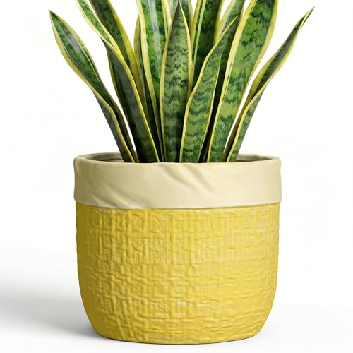 8 Inch Pots for Plants, Ceramic Planter, Round Planter, Yellow - color: Yellow, size: 8 Inch