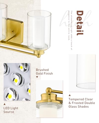HWH 3-Light Bathroom Vanity Light, Clear Glass, Dimmable, 5HLT63B-3W-LED BG - color: Brushed Gold + LED, size: 3 Lights