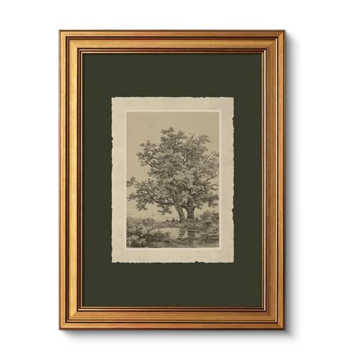 VIYYIEA Vintage Gold Framed Wall Art, Oak Tree Forest Landscape Painting Canvas Prints, Green Gray Tree Natural Sketch Picture, Moody Rustic Farmhouse Artwork for Living Room Bedroom Bathroom, 12x16inch - color: A Tree by the Lake, size: 16"L x 12"W