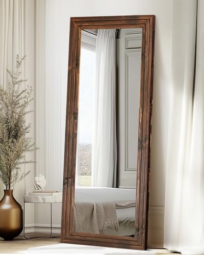 65x22in Full Length Mirror, 3-Tier Stepped Solid Wood Frame, Brown - color: Brown, size: 65"L x 22"W