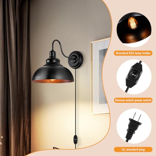 Lightess Plug in Wall Sconce with Dimmable Switch Black Barn Wall Lamp - color: Black with Plug-in Cord