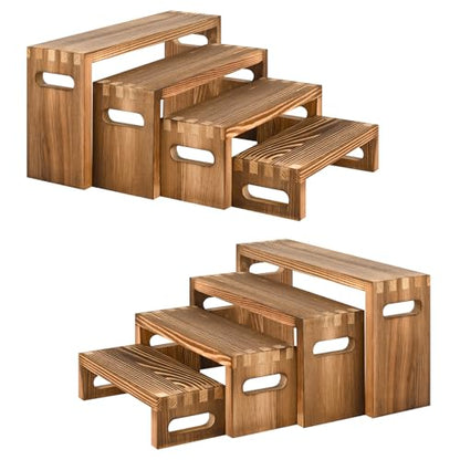 8 Pcs Wood Risers Display Stands, 2 Set Wooden Risers for Table Display, 4 Tier Rectangular Riser Display Stand Wooden for Cupcake, Desserts, Perfume, Collections, Jewelry Showcase