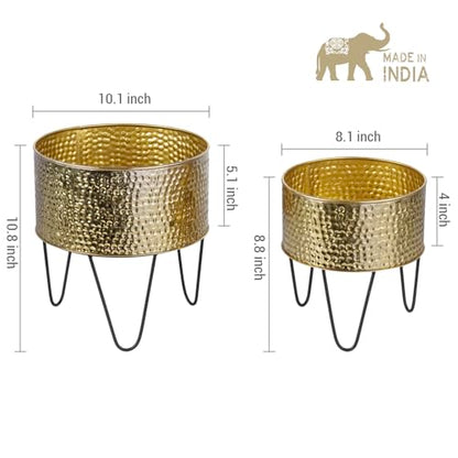 MyGift Modern Brass Metal Plant Containers with Matte Black Stands, 2 Pc