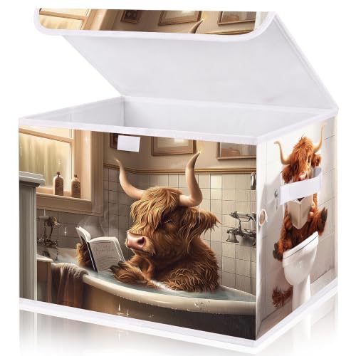 Briwooody Highland Cow Storage Bin with Lid and Carrying Handle - style: Bathroom Highland Cow