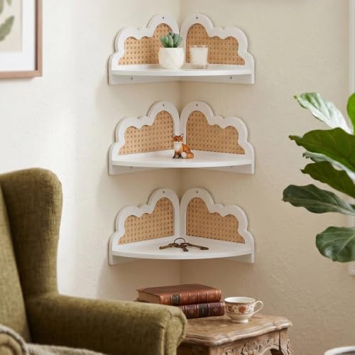 3 Pcs Cloud Floating Corner Shelf Set Boho Rattan Storage with Natural Pine Wood Frame Cute Corner Shelves for Wall Home Decor Bedroom Kitchen Bathroom (White) - color: White