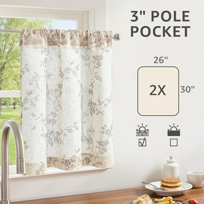 jinchan Floral Linen Kitchen Tier Curtains, 30 Inch, 2 Panels, Gray - color: Alisa Gray, size: 26"W x 30"L (Pack of 2)