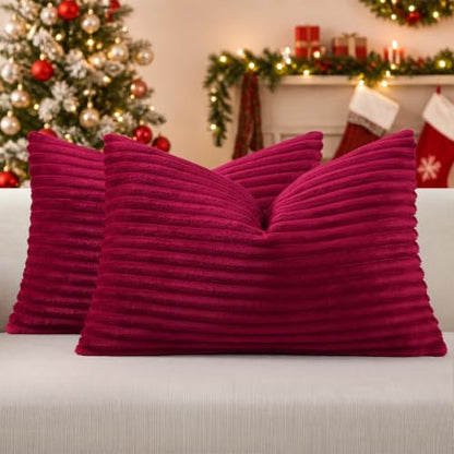 Simmore Fall Soft Burgundy Flannel Throw Pillow Covers 12X20 Set of 2 - color: Burgundy, size: 20" x 12" (Pack of 2)
