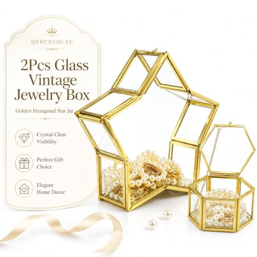 2Pcs Glass Jewelry Boxes with Lids, Gold Star & Hexagon Trinket Boxes