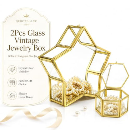2Pcs Glass Jewelry Boxes with Lids, Gold Star & Hexagon Trinket Boxes
