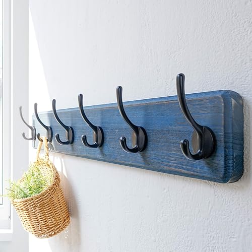 Dseap Coat Rack Wall: 24" Long, Patented, Heavy-Duty, 6-Double-Hooks Wooden Wall Mounted Coat Rack Coat Hanger Hook Rail for Winter Coats Hat Jacket Clothing, Weathered Blue - color: Weathered Blue & Black, size: L=24"(1pcs)