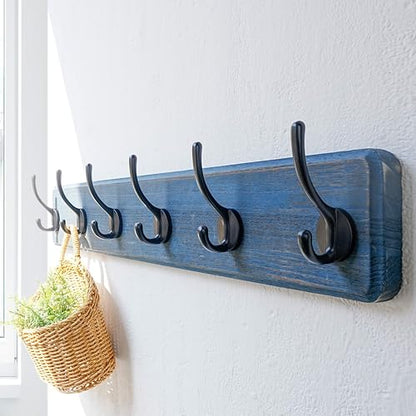 Dseap Coat Rack Wall: 24" Long, Patented, Heavy-Duty, 6-Double-Hooks Wooden Wall Mounted Coat Rack Coat Hanger Hook Rail for Winter Coats Hat Jacket Clothing, Weathered Blue - color: Weathered Blue & Black, size: L=24"(1pcs)