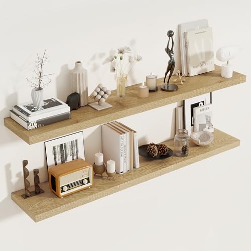 Fun Memories 55 Inch Floating Shelves for Wall 2 Pack Shelves for Bedroom|Kitchen|Bathroom Wall Mounted Rustic Wood Floating Shelf with Invisible Brackets for Books|Storage|Decor, Oak - color: Oak, size: 55"W x 8"D