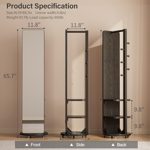 WoodsWhisper Full Length Mirror Coat Rack Solid Wood Floor Mirror 66"x12" Full Length Mirror with Stand Long Mirrors for Bedroom,Living Room (Black-Mobile, 66" Lx12 W) - color: Black-mobile, size: 66"Lx12"W