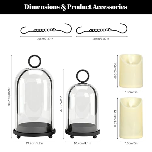 Hurricane Candle Holders Set of 2-10" & 7.8" Black Metal Base with Glass Dome, Includes 2 Pillar Candles, Hanging or Tabletop Centerpiece (Batteries Not Included)