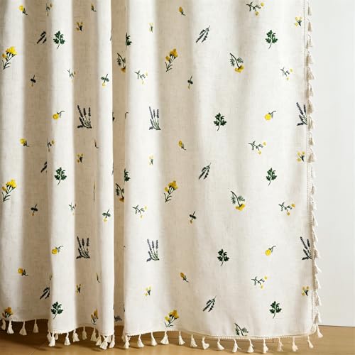 Estmy Embroidery Floral Linen Window Curtain with Tassels Chic 63 Inches Light Filtering, Boho Farmhouse Vintage French Country Cute Flowers Curtain Panels for Bedroom Dining Living Room Nursery - size: 52"W x 63"L (Pack of 2)