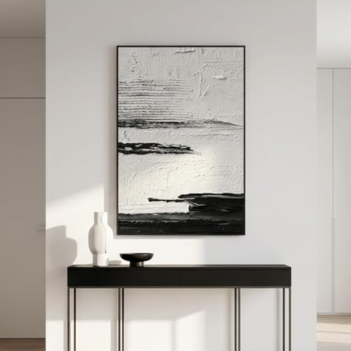QKF Line Art Abstract 3D Texture Black Aluminum Frame Canvas Wall Art - color: Off-White & Black